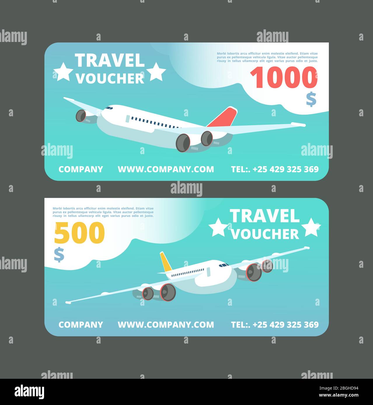 Gift travel voucher, travelling promo card. Ticket with flying airplane