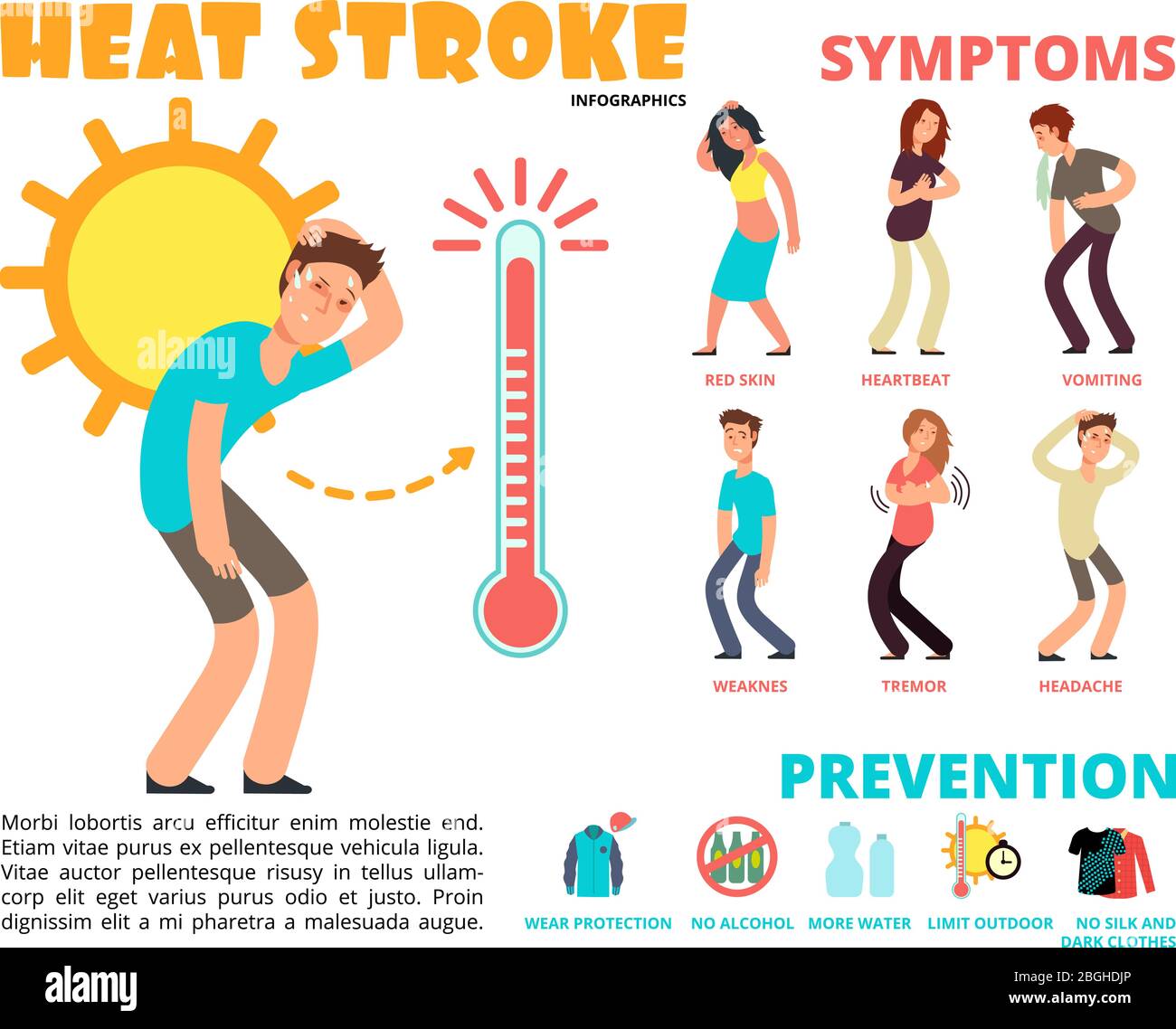 Heat stroke and summer sunstroke risk, symptom and prevention vector infographics. Sunstroke and infographic heatstroke, symptom and temperature illustration Stock Vector