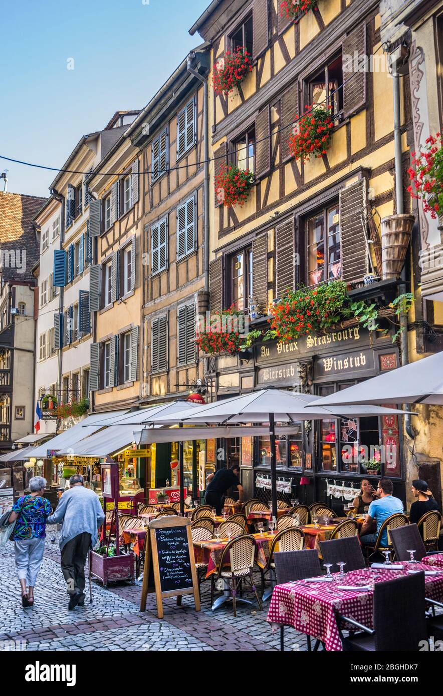traditional Alsace Restaurant in Rue du Maroquin in the historic city centre of Strasbourg, Alsace, France Stock Photo