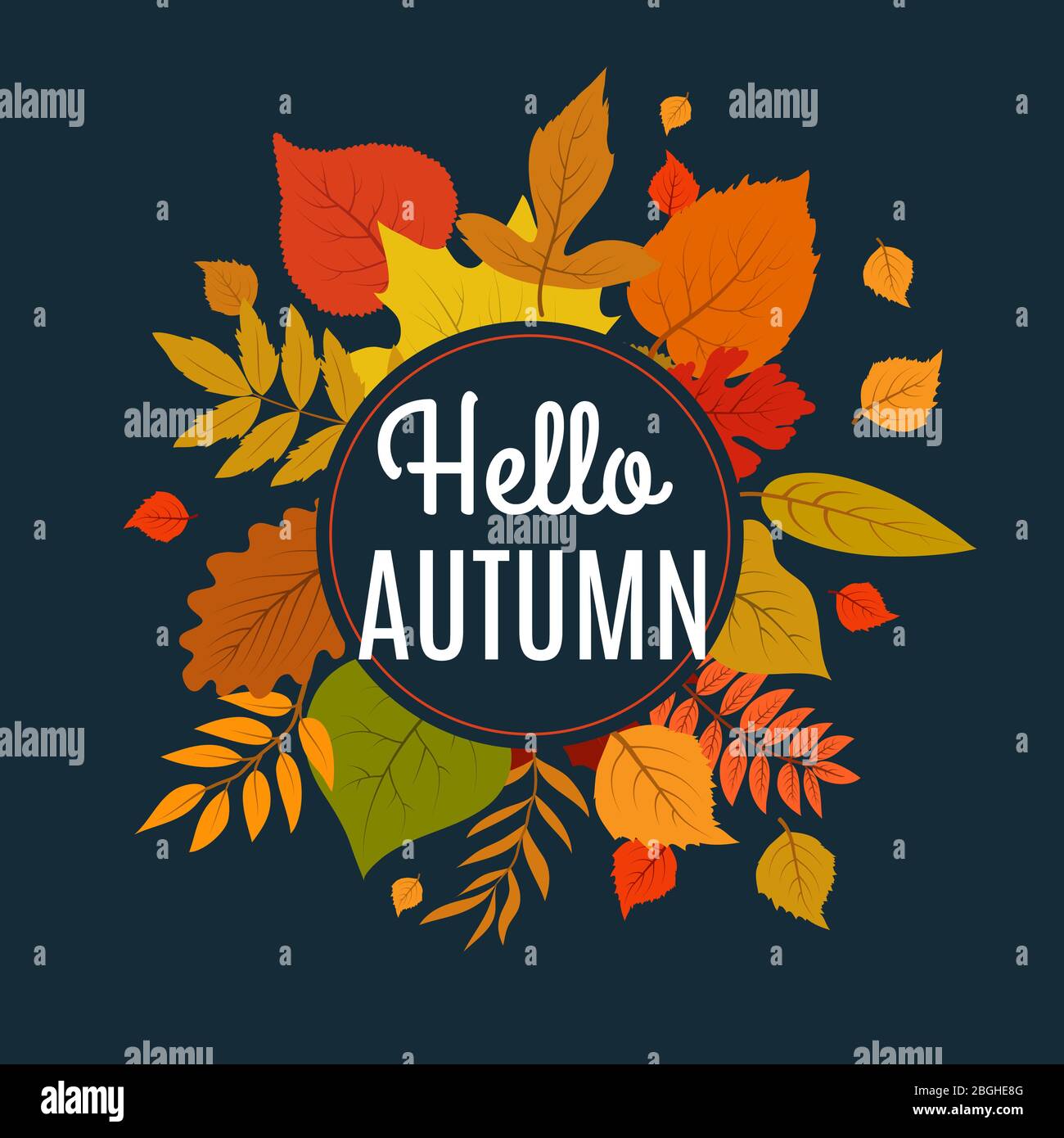 Hello autumn background with fall leaves. Nature autumnal vector concept. Orange and yellow leaf seasonal illustration Stock Vector