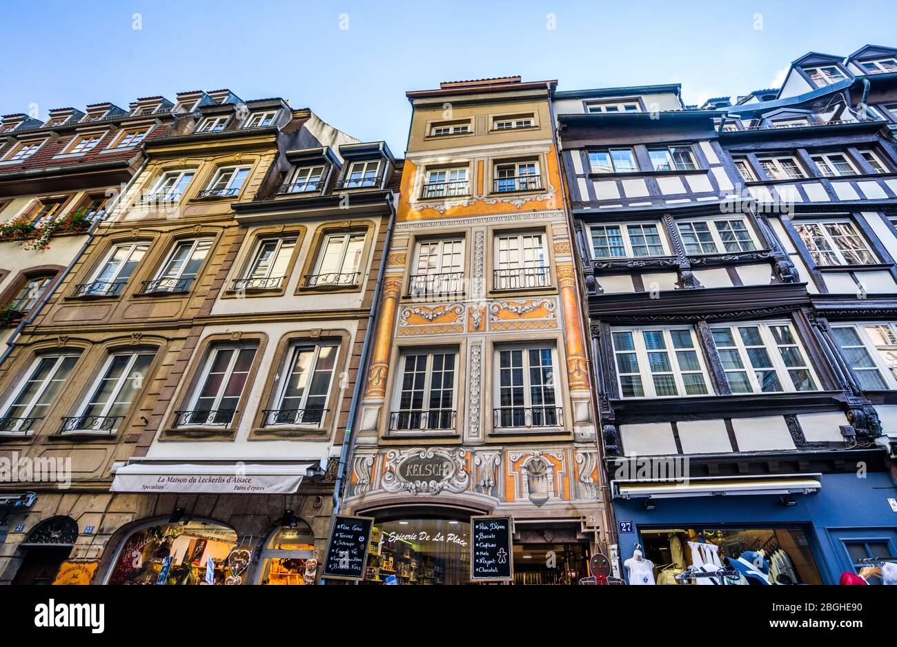 traditional building facades in Rue du Maroquin in the historic city centre of Strasbourg, Alsace, France Stock Photo