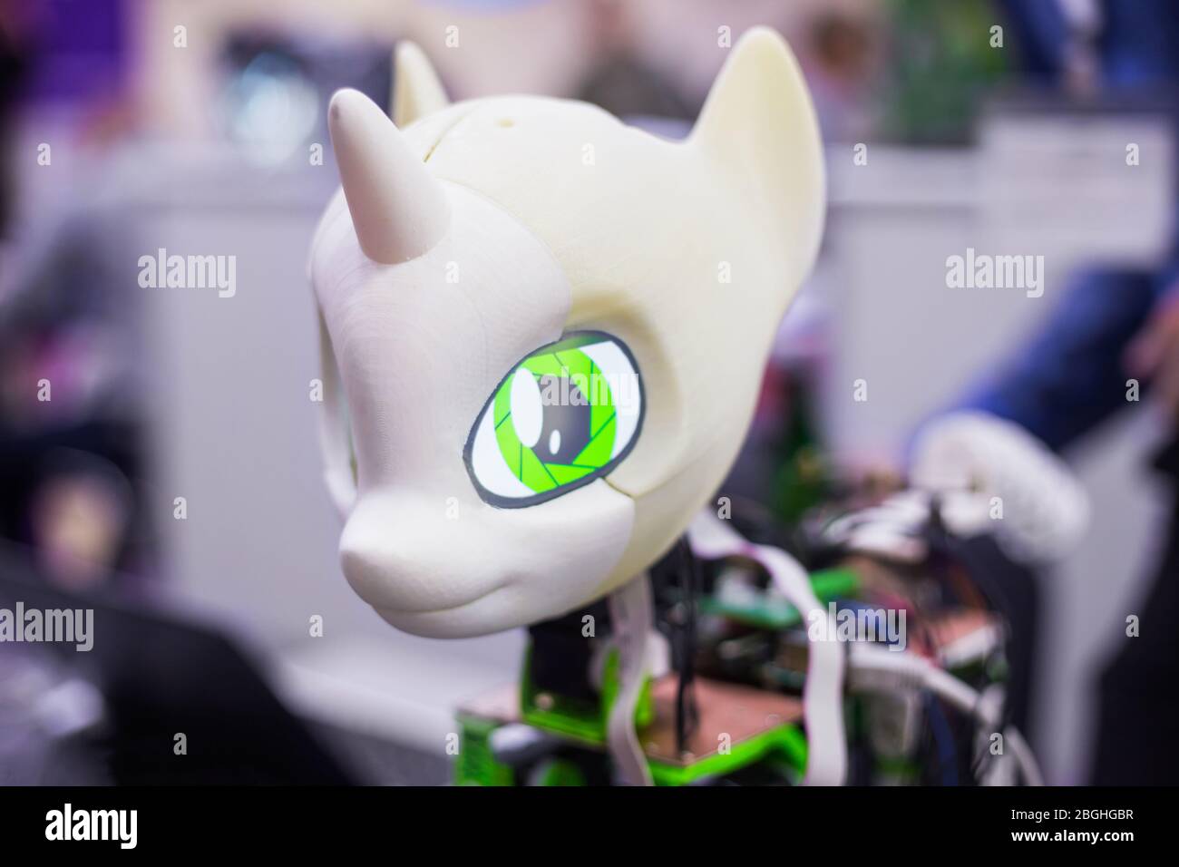 Cute handmade robot unicorn pony prototype at futuristic technology exhibition. Future, entertainment, DIY, engineering, science and robotic concept Stock Photo