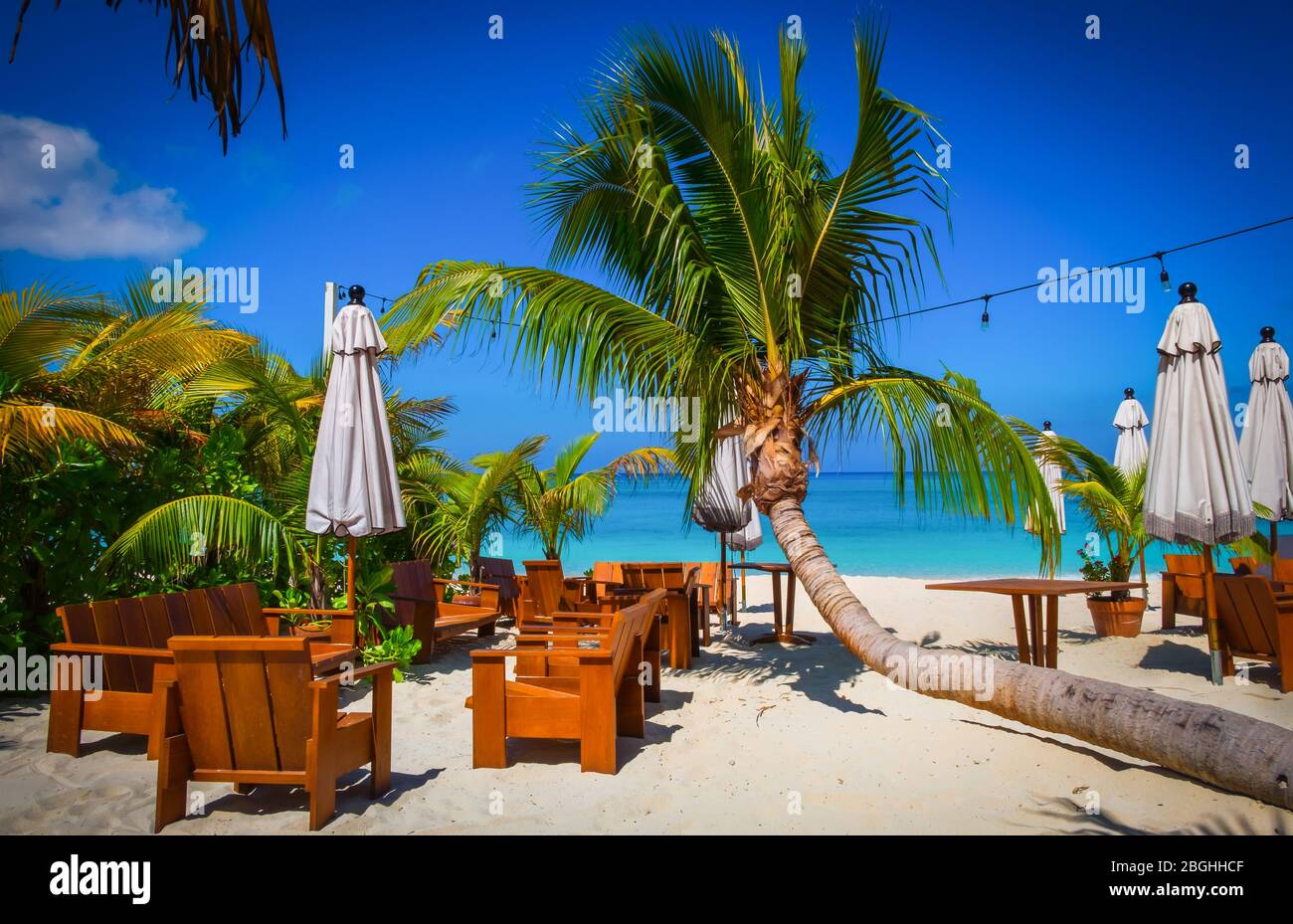 Grand Cayman, Cayman Islands, March 2020, view of the empty Tillie's bar-restaurant terrace during confinement Stock Photo