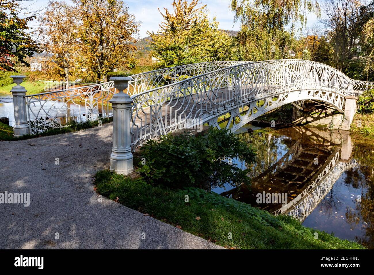 Details of a iron bridge and Riverwalk around Bade-Baden village, Baden ...