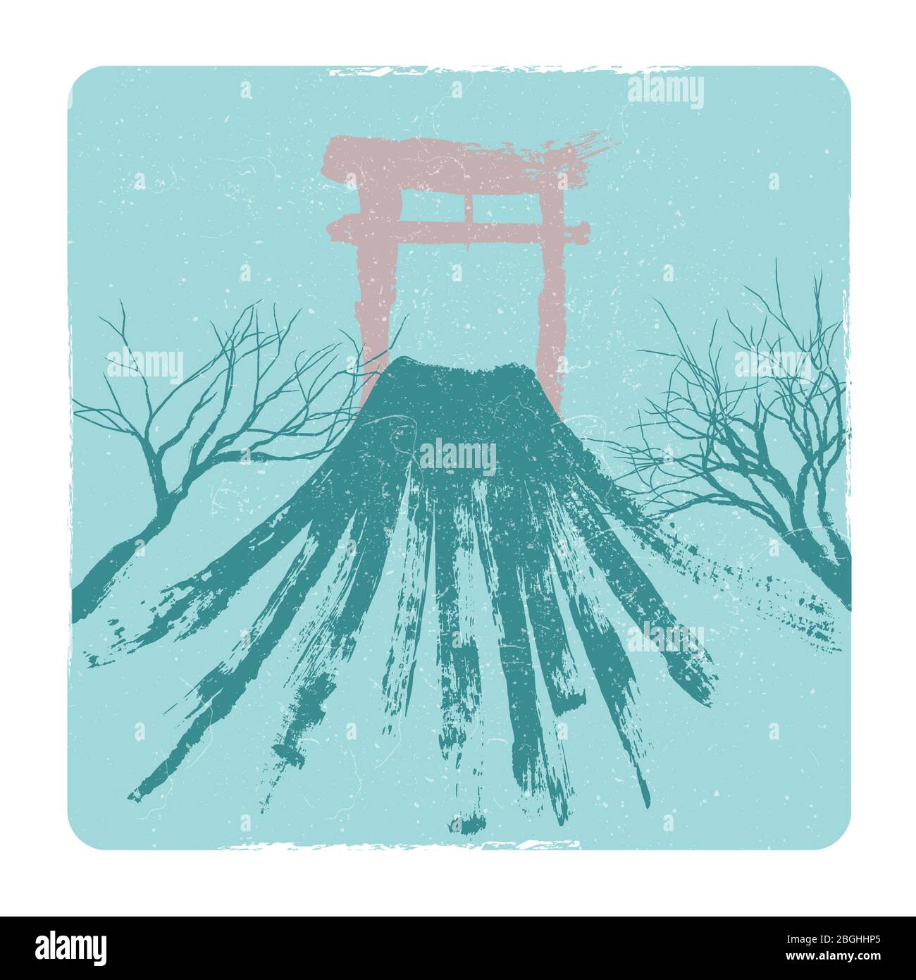 Grunge japanese illustration design. Vector volkano, pagoda and tree branches Stock Vector