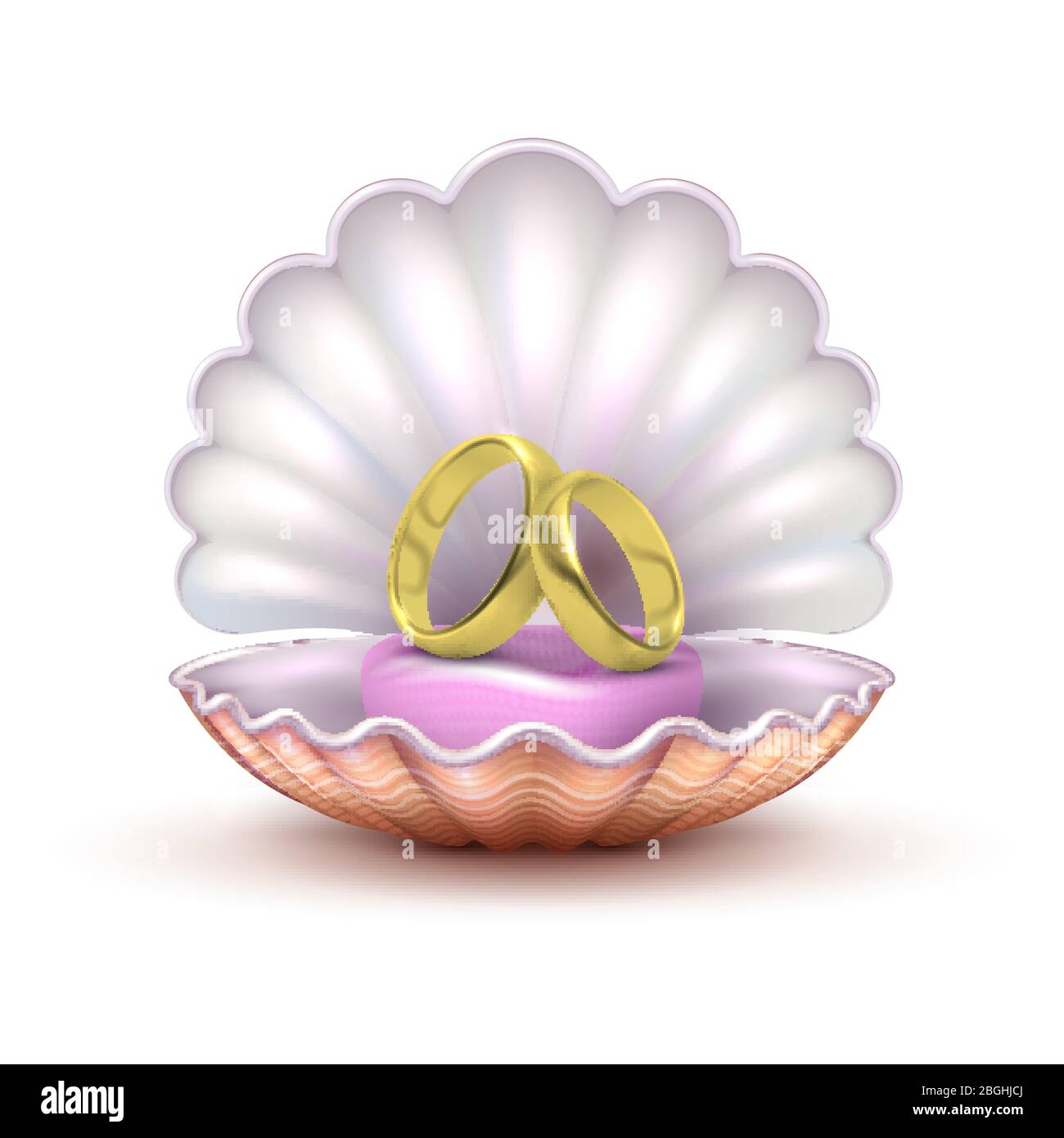 Reaistic golden wedding rings in seashell isolated on white background. To marry vector concept. Illustration of engagement and romance, gift in shell Stock Vector