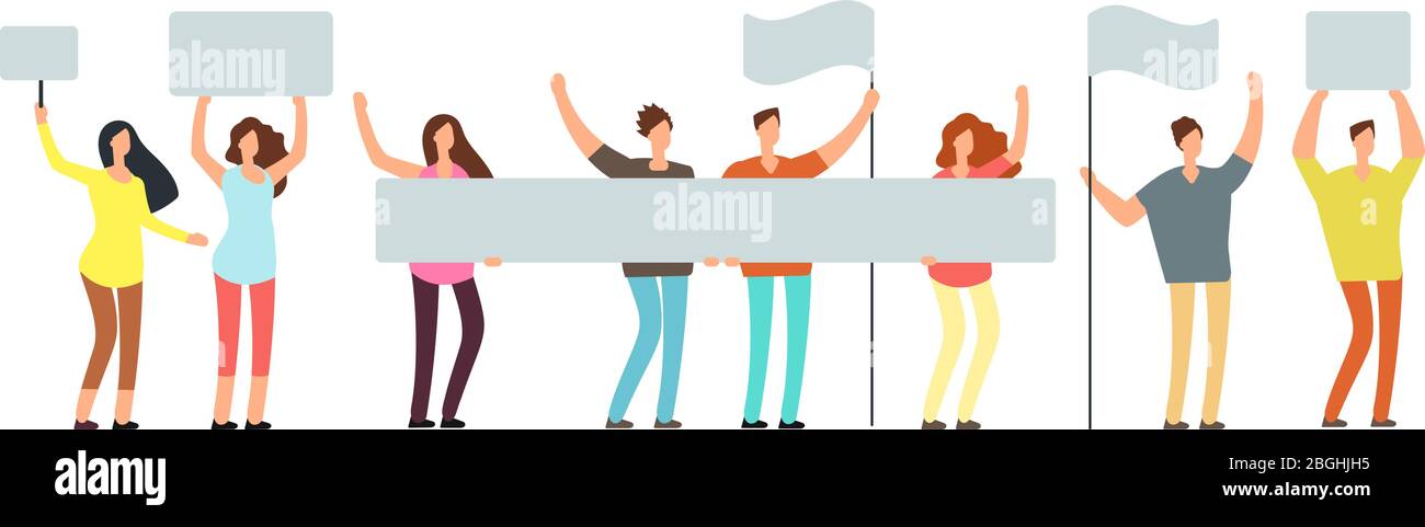 Crowd of protesting people with banners, flags. Voting students at demonstration. Political meeting and protest vector concept isolated. People crowd with flag, group protester illustration Stock Vector