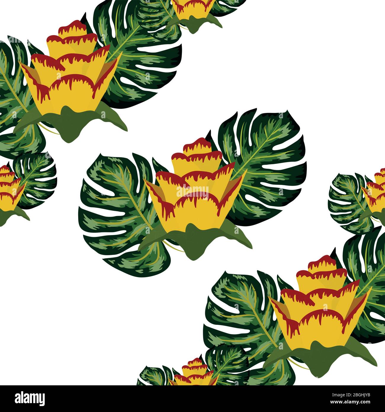 Summer seamless tropical pattern with bright yellow and pink plants and leaves. Stock Vector