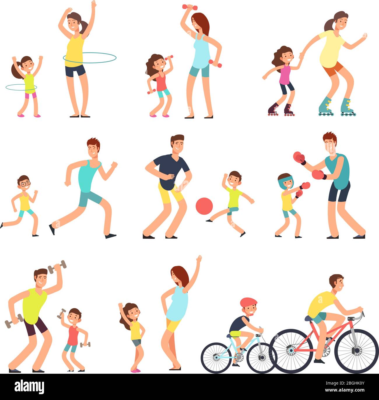 Happy sport family. Mom, dad with kids doing sports exercises outdoor. Parents and children in fitness activity Vector people active with children illustration Stock Vector