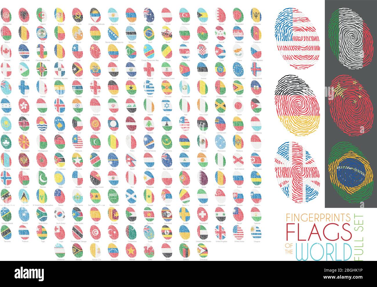 Set of 204 fingerprints colored with the national flags of all the sovereing countries of the world. Icon set Vector Illustration. Stock Vector