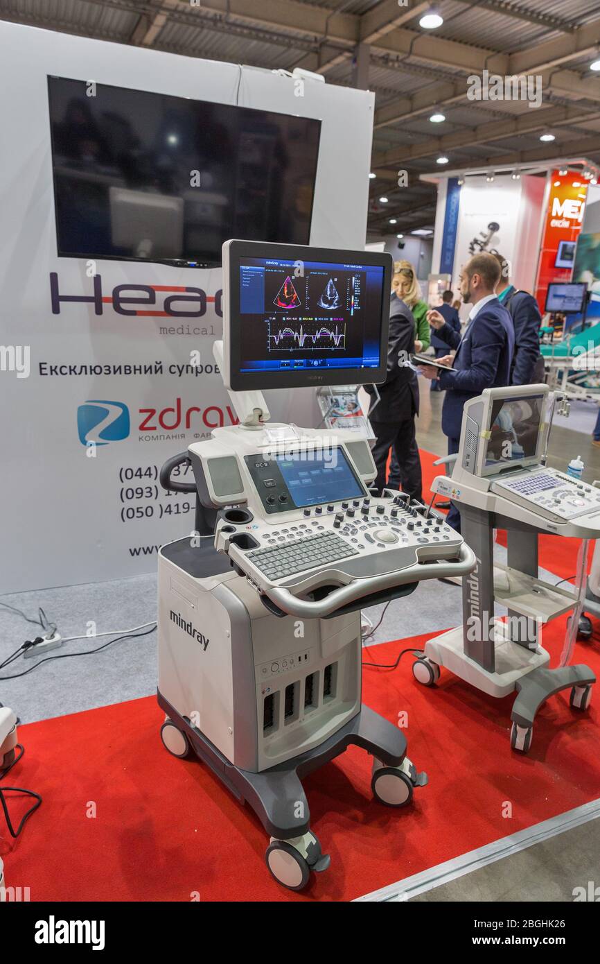 KYIV, UKRAINE - APRIL 20, 2016: Heaco Latvian distributor of high-quality medical equipment and furniture booth during VII International Medical Forum Stock Photo