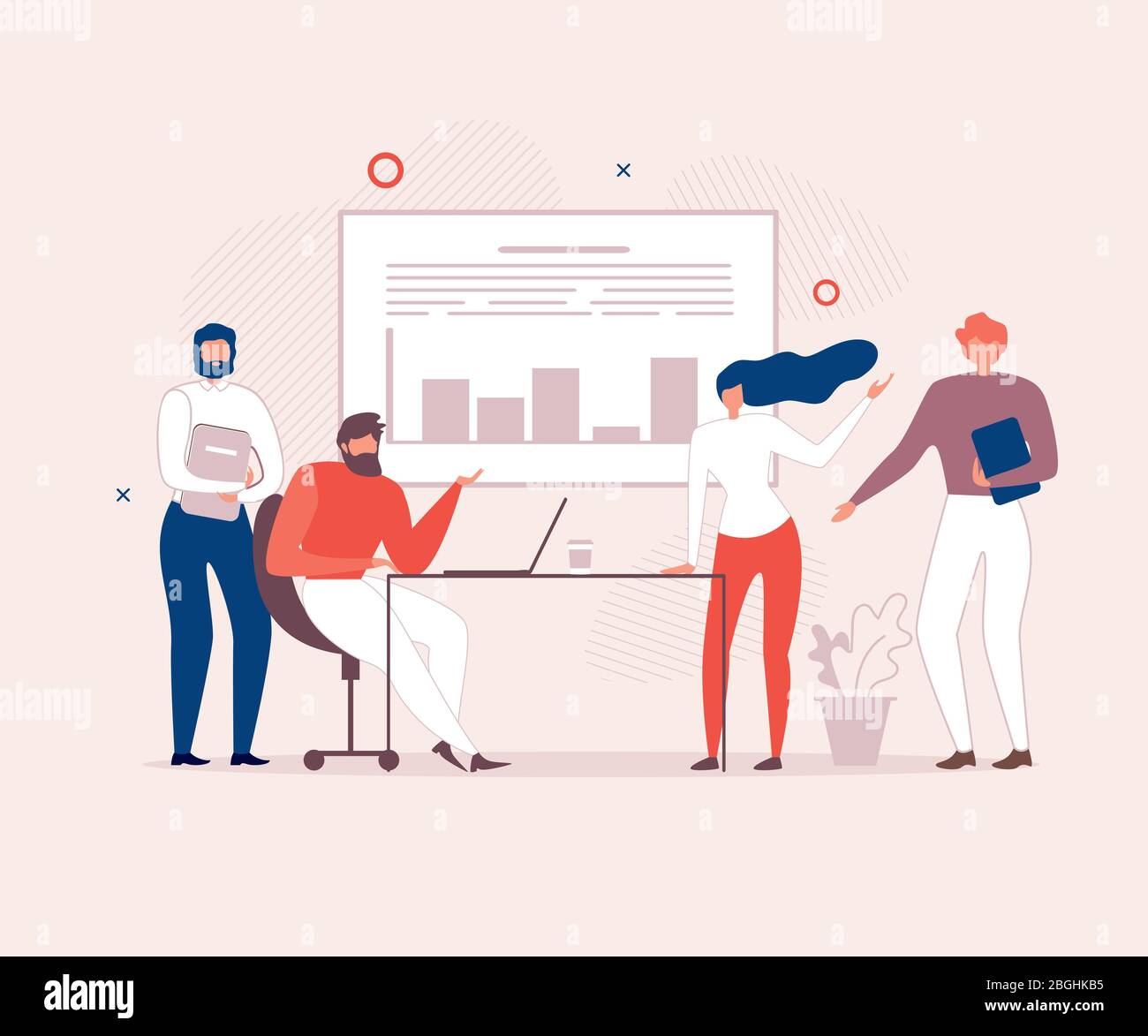 Office People Team Discussing Business Project. Vector Conference Hall, Interactive Whiteboard