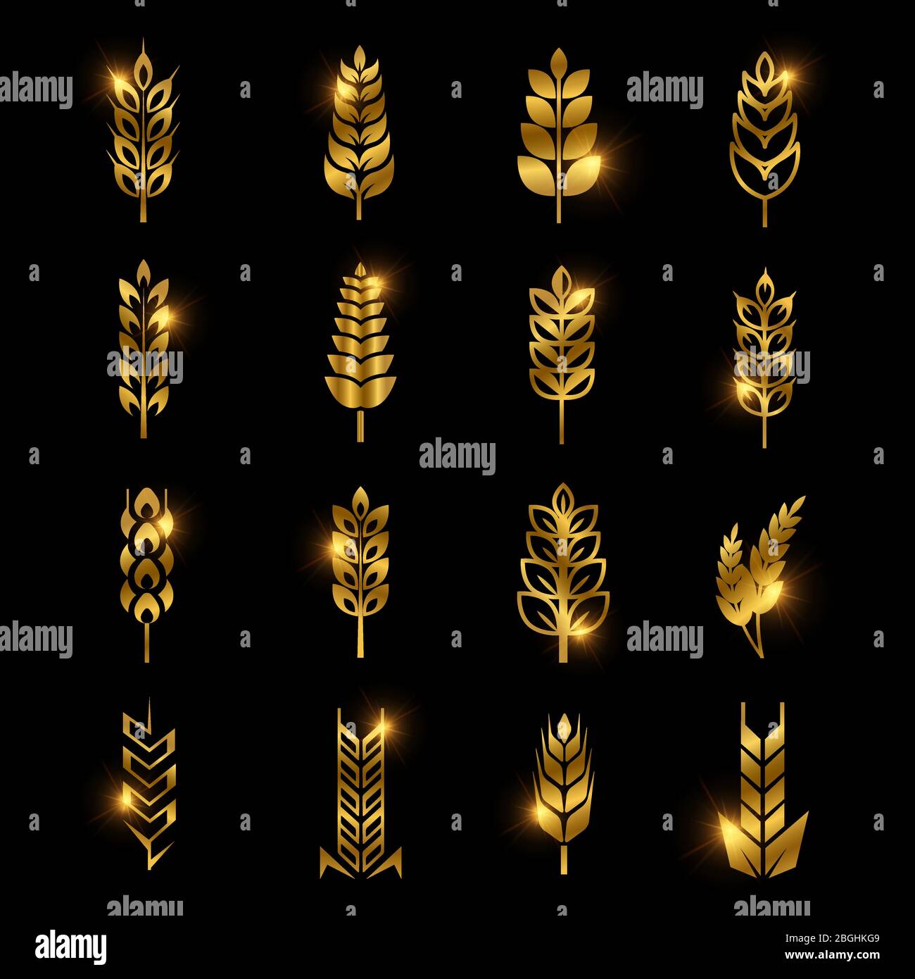 Golden wheat ears vector icons isolated on black background. Oat and barley, golden agriculture food illustration Stock Vector