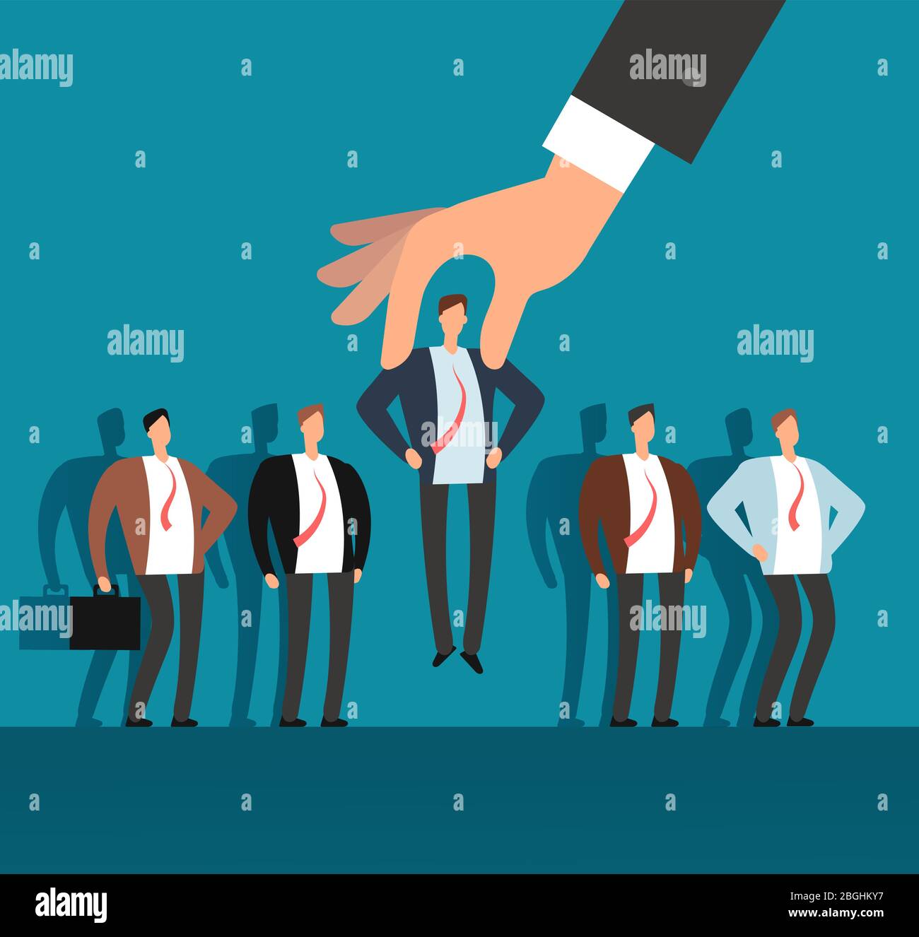 Employer hand choosing man from selected group of people. Recruitment vector business concept. Human recruitment, select and choice illustration Stock Vector