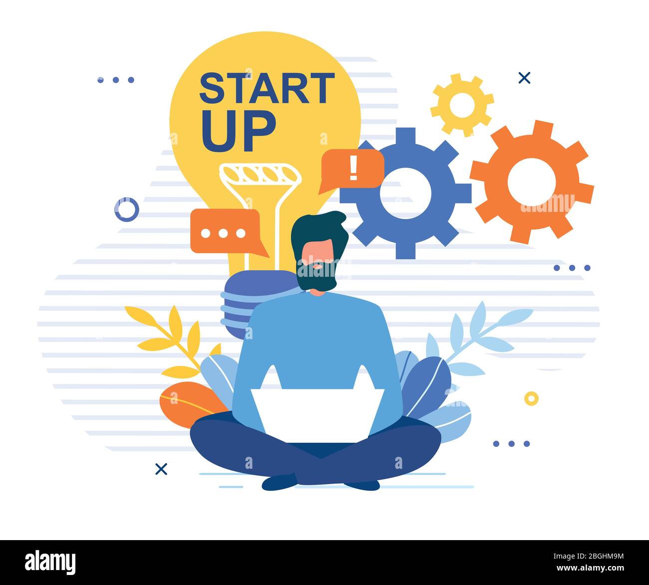Business Startup Social Media Network Technology Development. Cartoon Man Character Working on Laptop, Communicating Online, Researching on Internet. Stock Vector