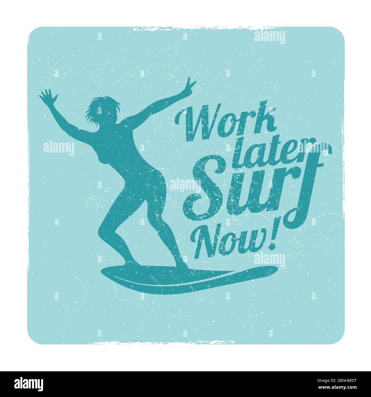 Grunge summer surfing sports vector logo with girl surfer. Surf board, sport summer on water illustration Stock Vector