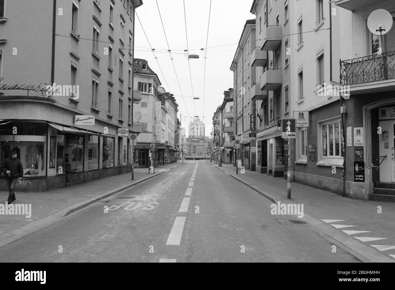 Zürich/Switzerland: The 'Langstrasse' is empty due to CoVid19 Virus Lockdown and all bars, restaurants, cinemas ans shops are closed until may Stock Photo