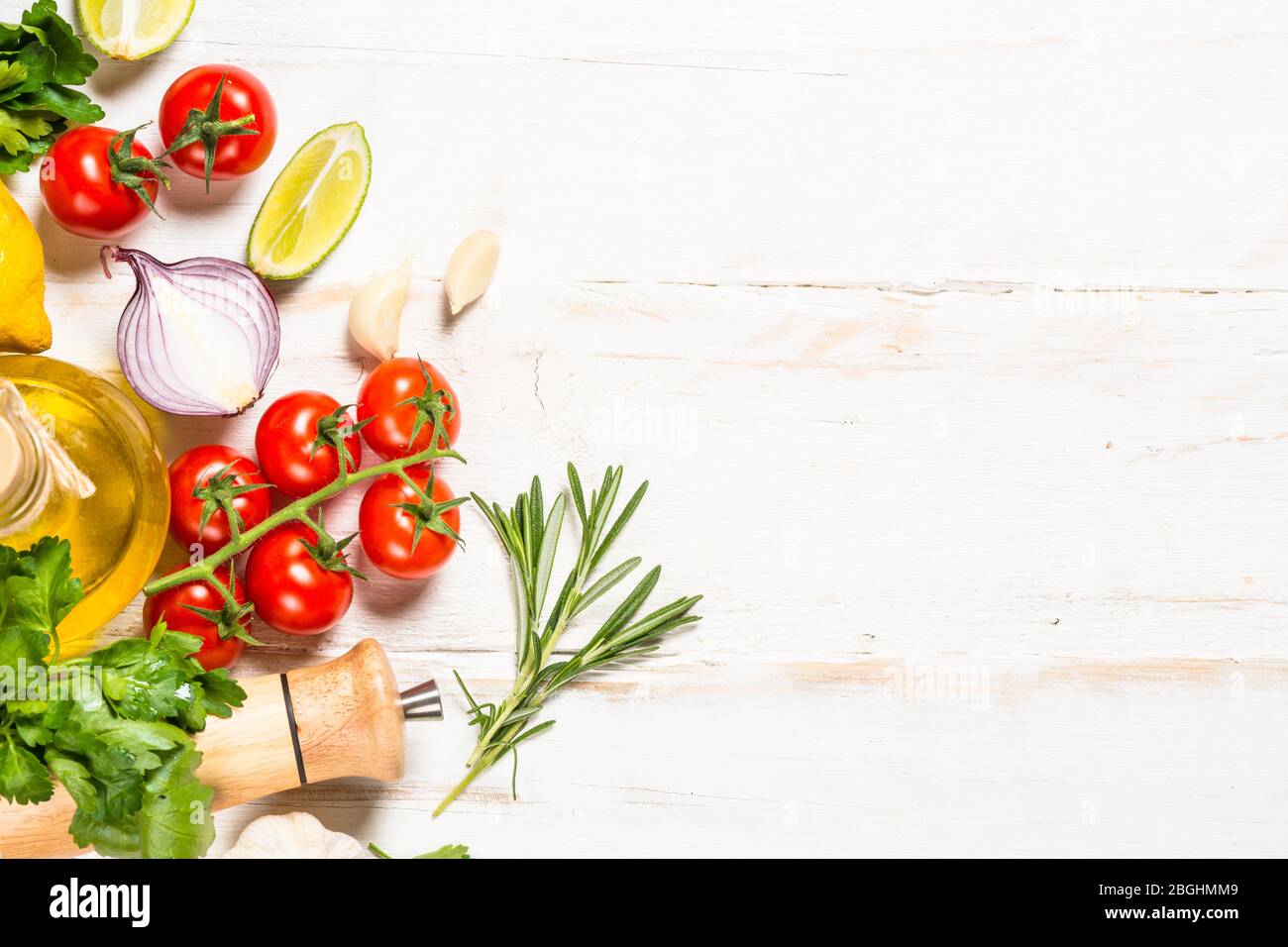 Food cooking background on white wooden table Stock Photo - Alamy