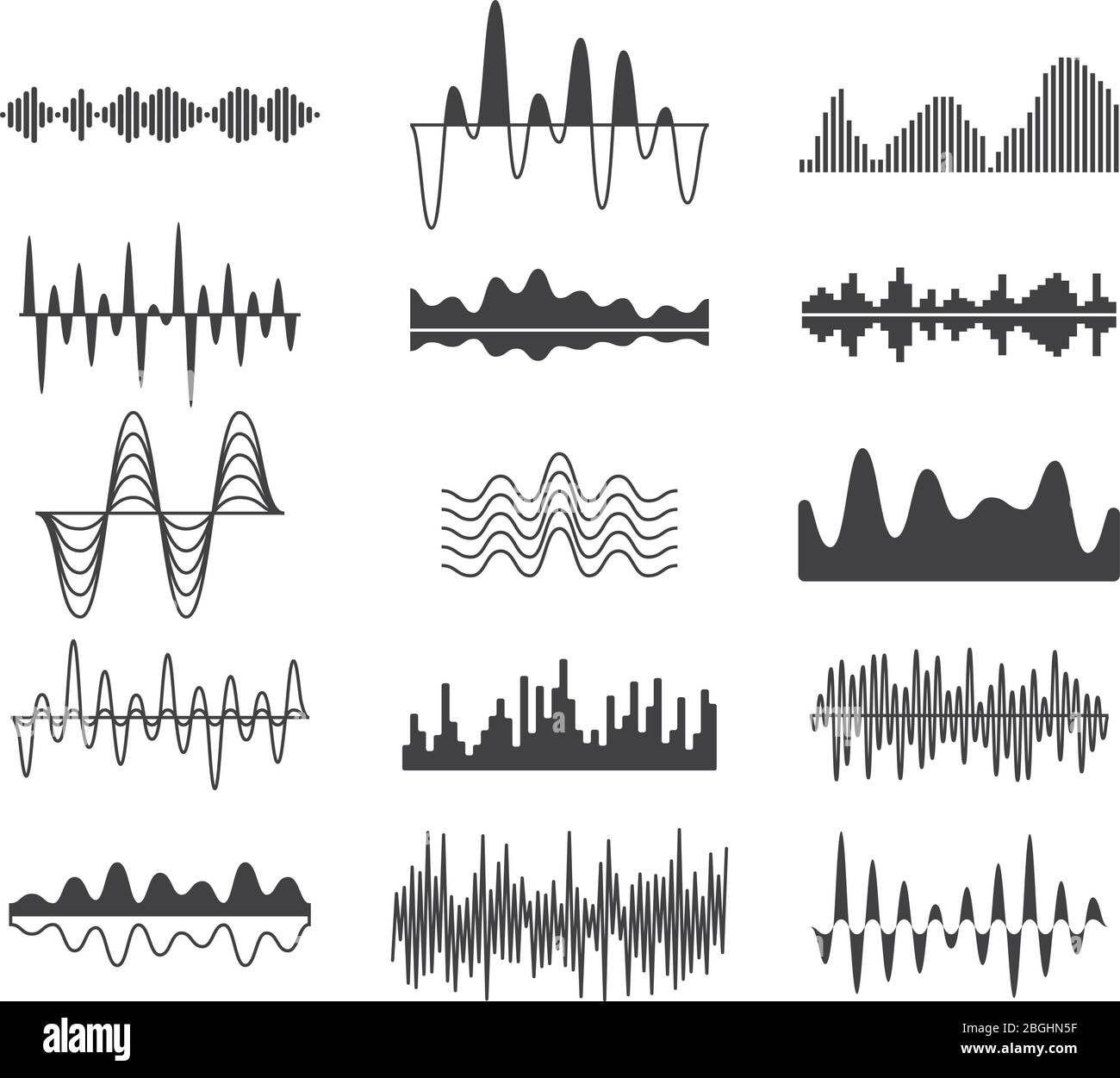 Sound frequency waves. Analog curved signal symbols. Audio track music equalizer forms, soundwaves signals vector set. Wavy signal electronic equalizer illustration Stock Vector