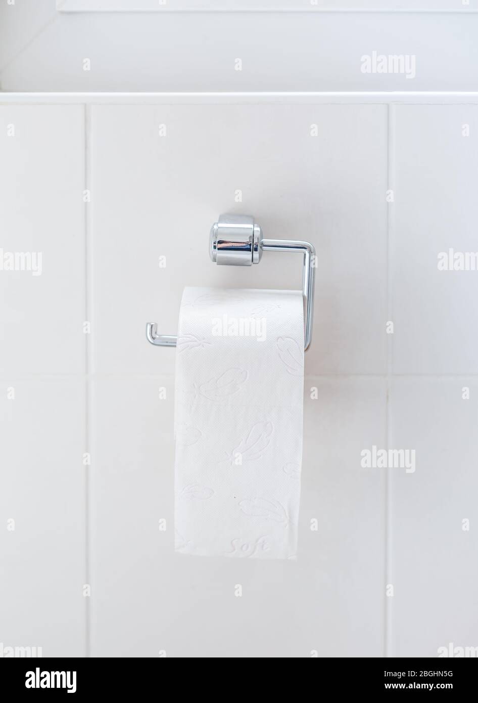 Last toilet paper roll hanging on the holder. Symbol for shopper panic during corona virus Stock Photo