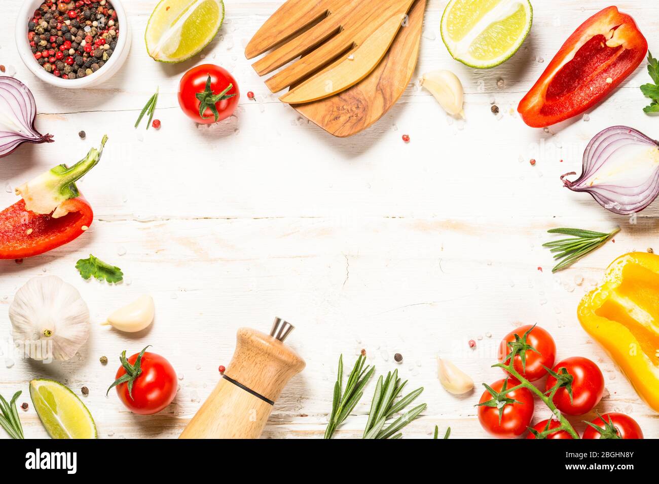 Food cooking background on white wooden table Stock Photo - Alamy