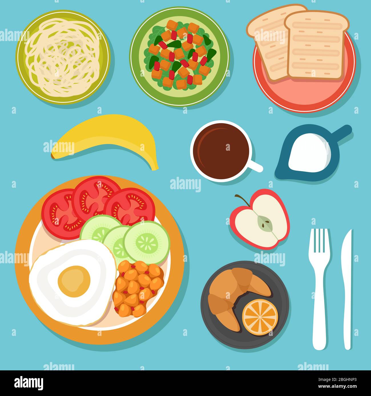 Breakfast eating food and drinks on table top view vector illustration.  Menu of morning, coffee and lunch of set Stock Vector Image & Art - Alamy