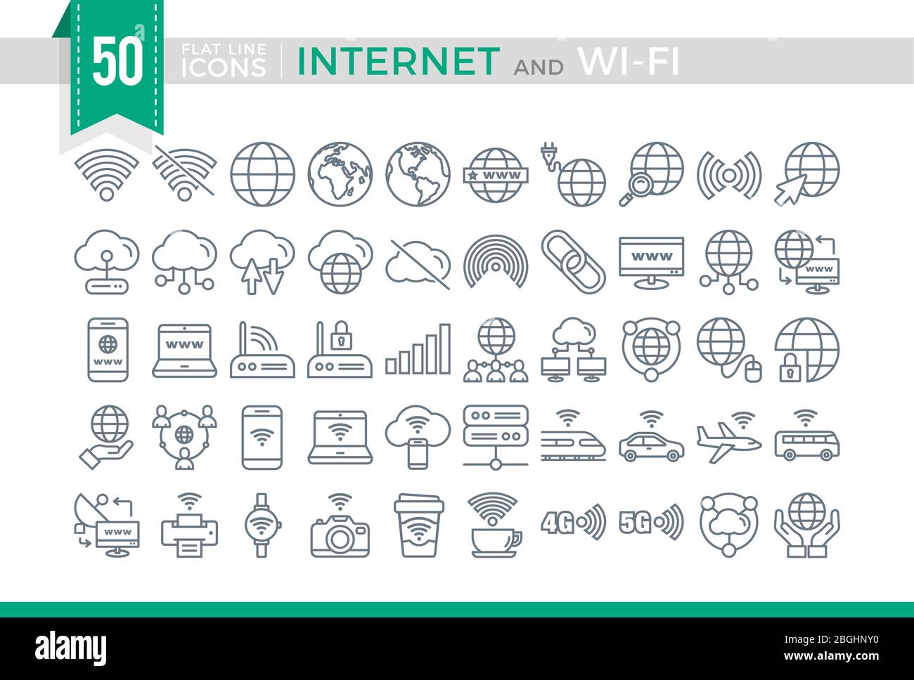 Set Vector Flat Line Icons Internet and Wi-Fi Stock Vector