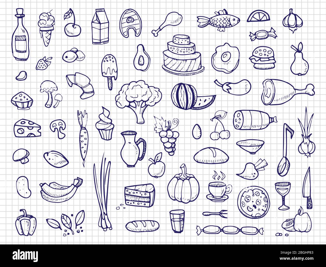 Hand drawn food, vegetables, drinks, snacks, fast food doodle vector icons. Illustration of delicious cheese and eggs, candy and pizza Stock Vector