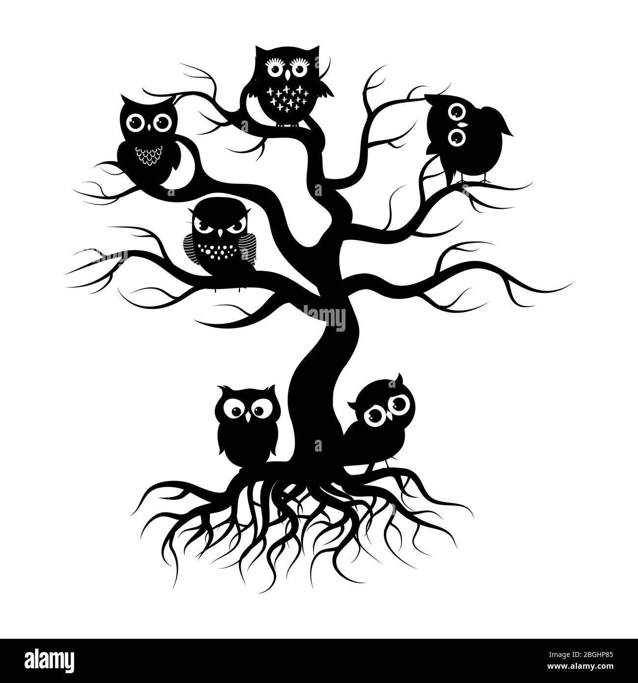 Black owls on old tree. Tree silhouette with roots and forest birds. Vector illustration Stock Vector