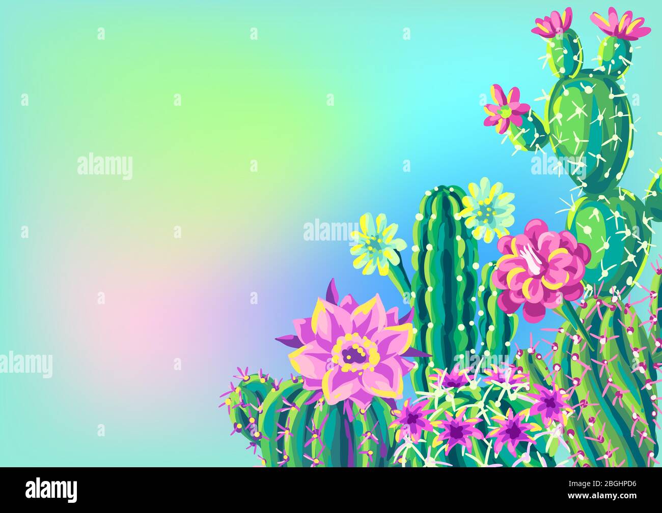 Background with cacti and flowers. Stock Vector