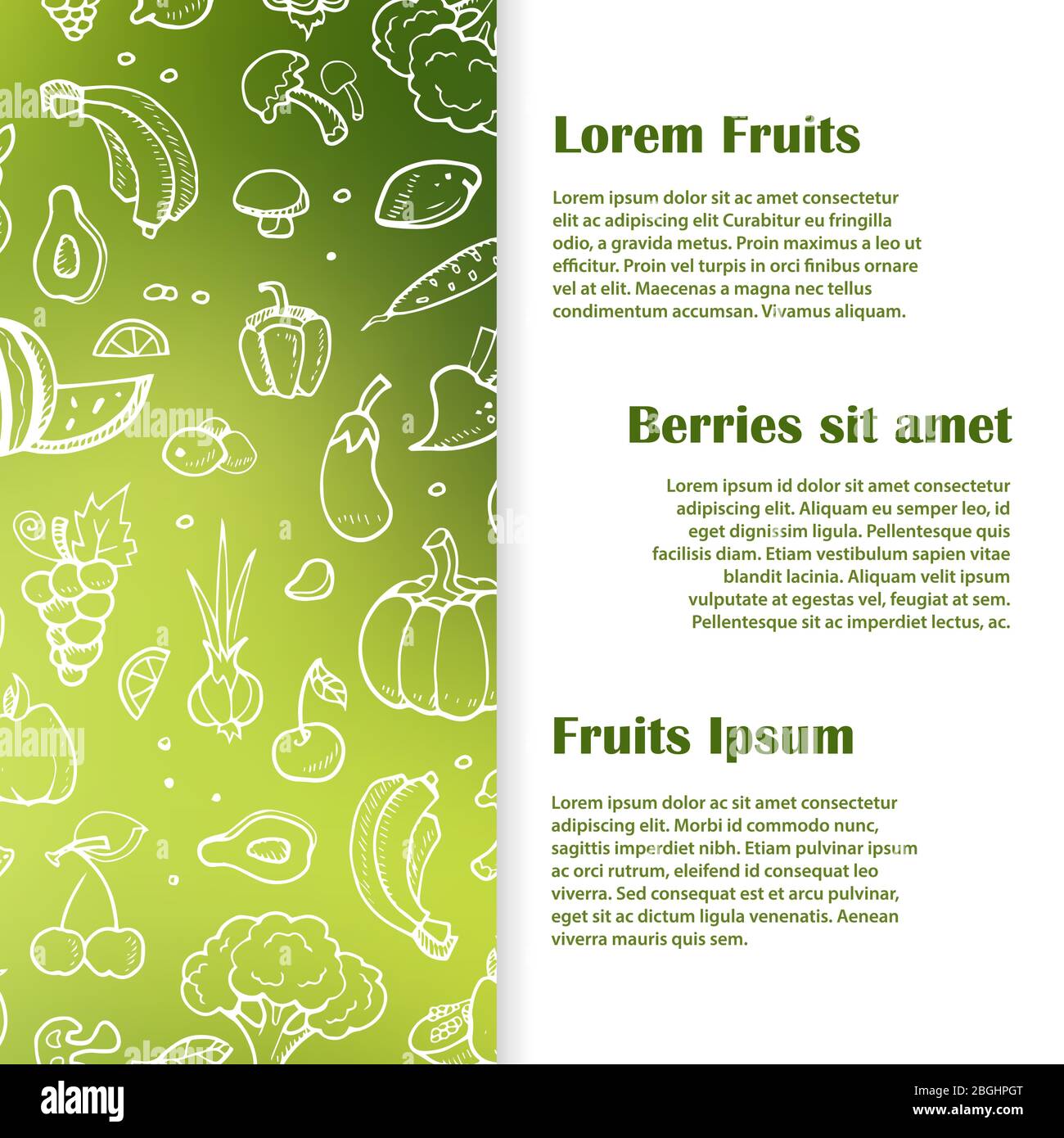 Doodle fruits, berries, vegeables banner or poster template. Vector illustration Stock Vector
