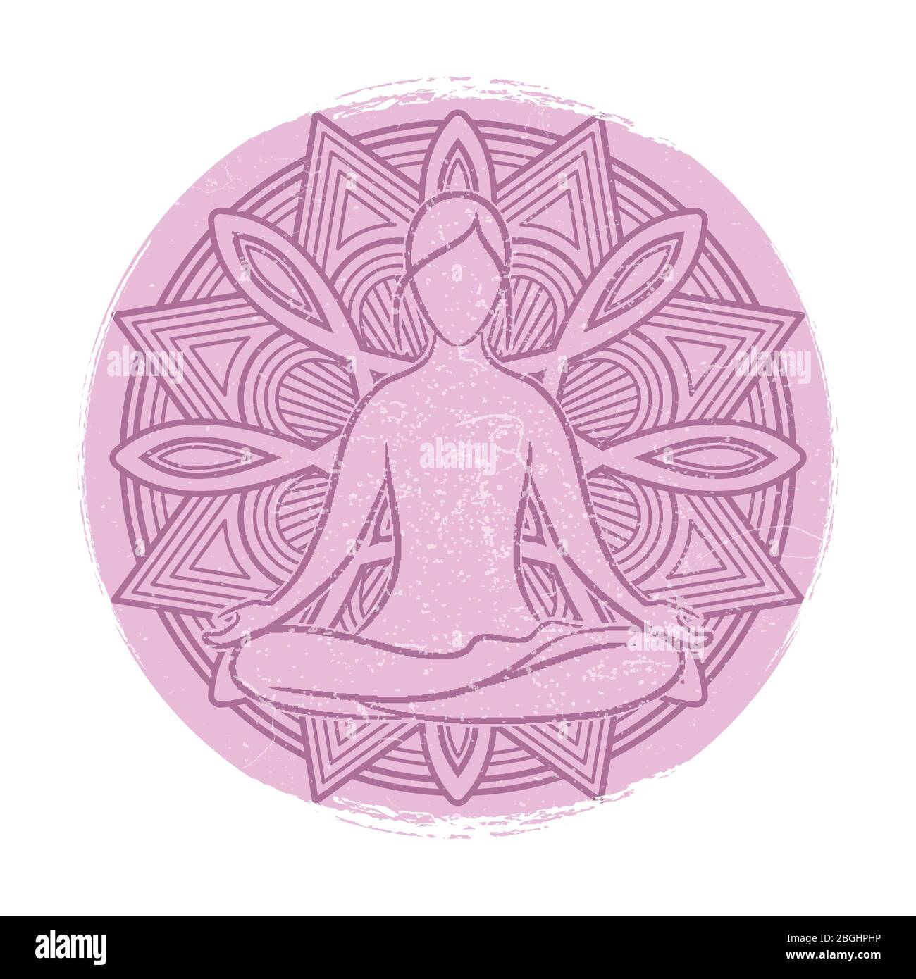 Yoga grunge banner design. Meditation asana silhouette and oriental mandala. Vector illustration Stock Vector