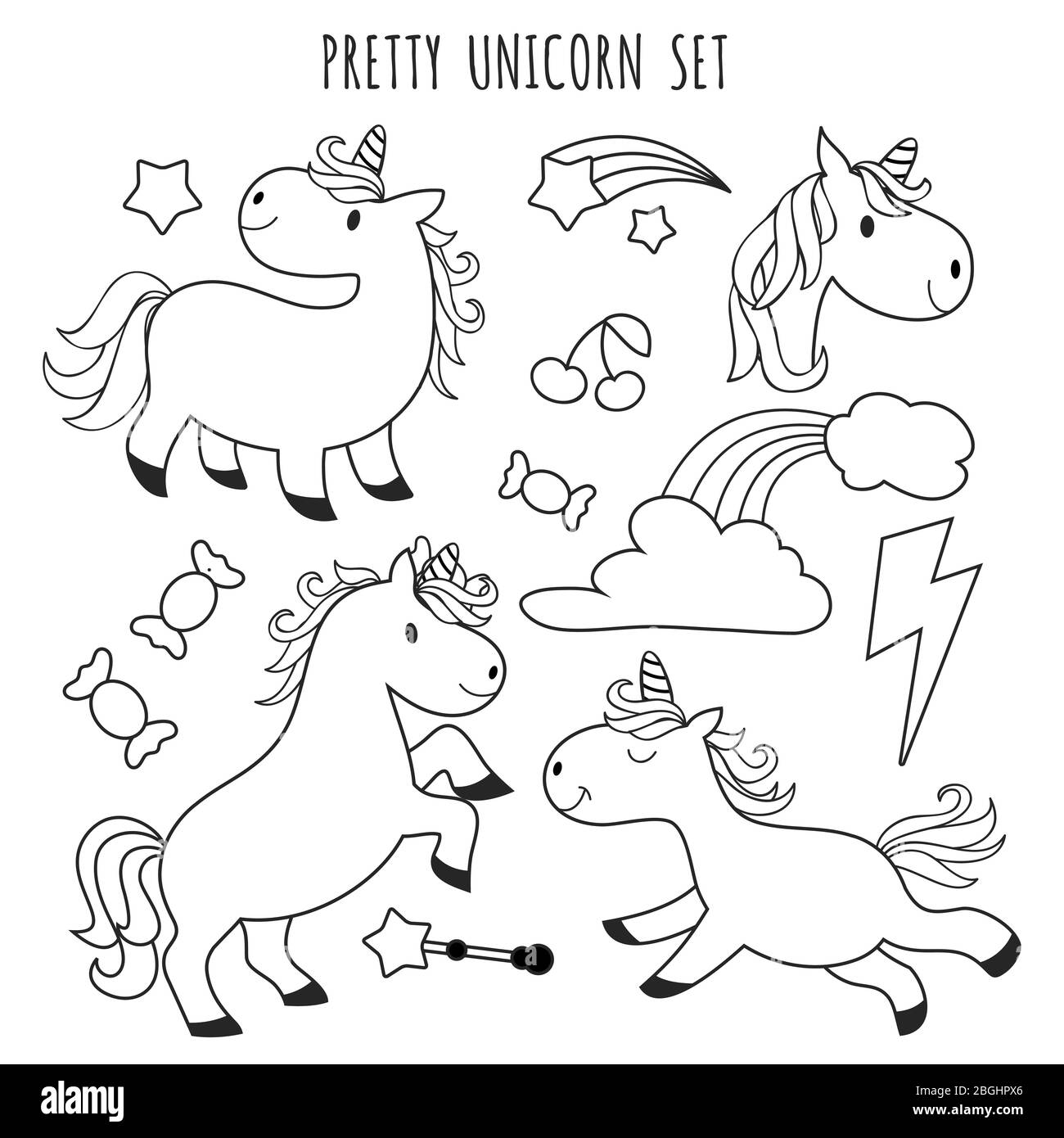 Kids coloring page. Unicorn set for coloring book isolated on white. Vector illustration Stock Vector