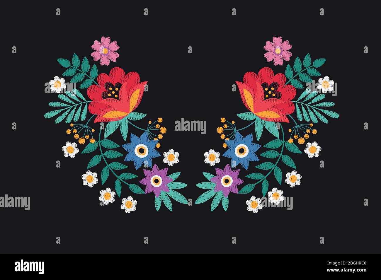 Collar embroidery floral design with wildflowers. Stitching detail tribal necklace with flowers isolated vector illustration. Floral colored embroidery with flower bouquet and green leaf Stock Vector