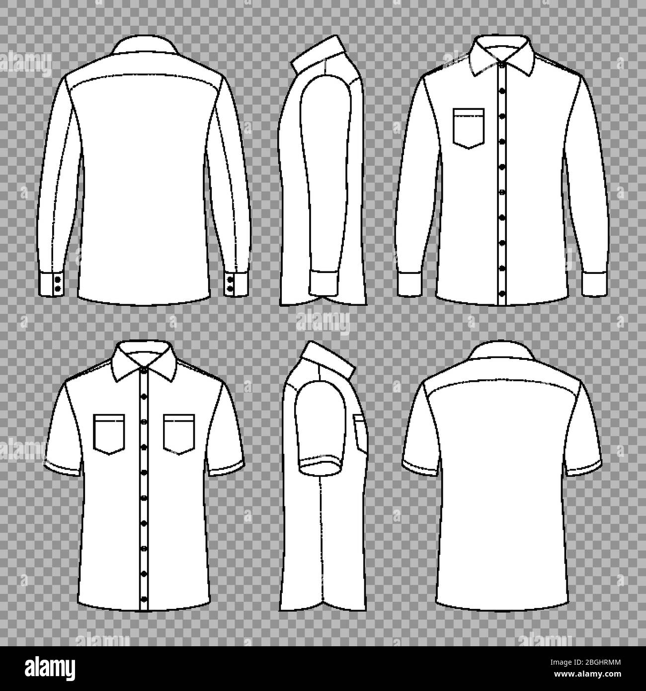 Casual mans blank outline shirts with short and long sleeves in front back and side views. Vector template isolated. Illustration of shirt clothes, clothing wear blank outline illustration Stock Vector