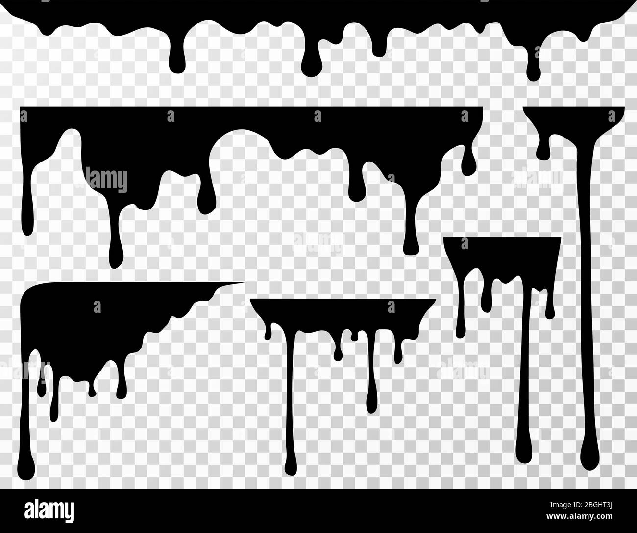 Black dripping oil stain, liquid drips or paint current vector ink silhouettes isolated. Illustration of ink splash, splatter drop Stock Vector
