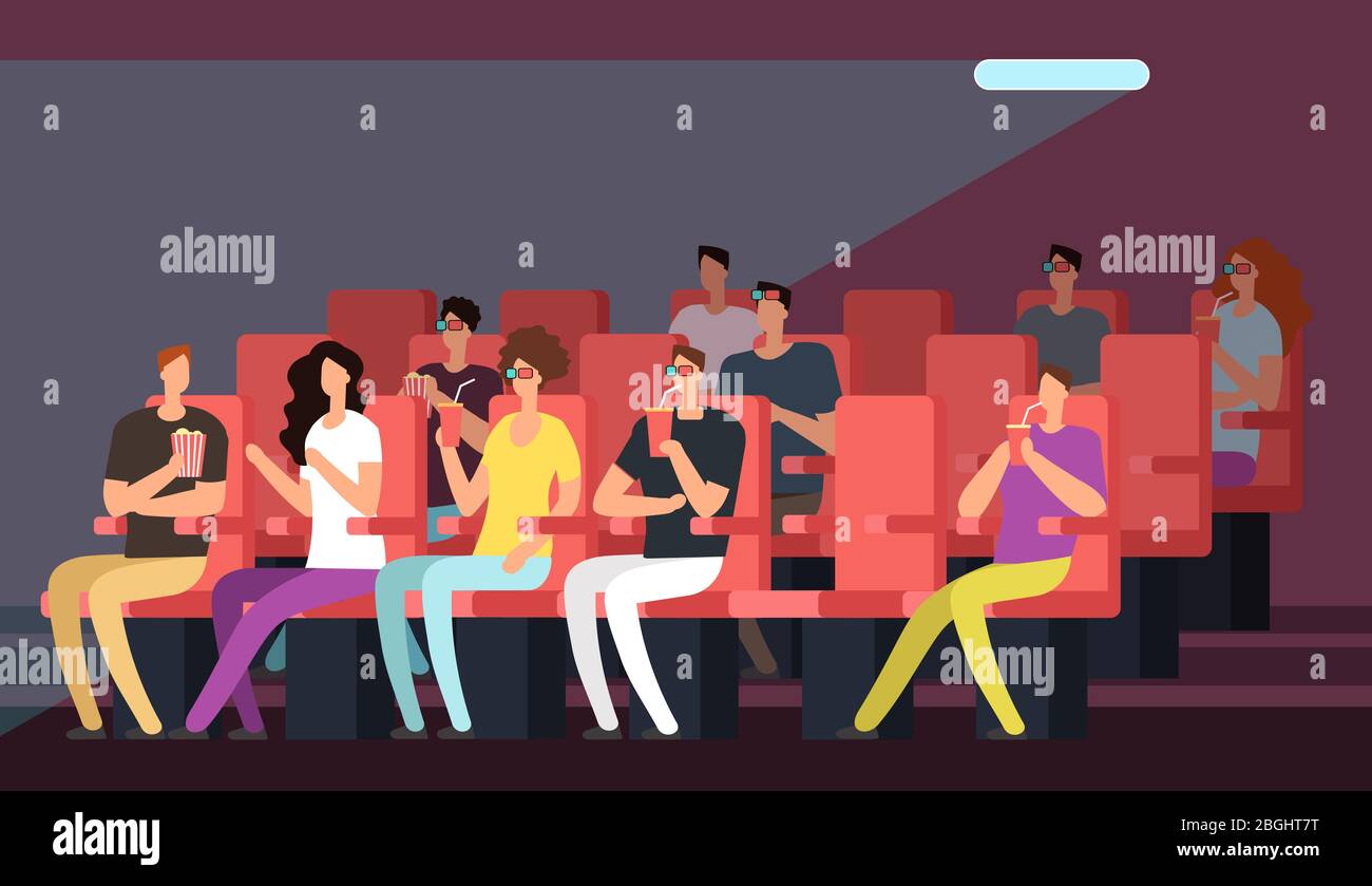 People watching movie in cinema hall interior. Cartoon family in theater vector concept. Audience in interior hall, auditorium in cinema illustration Stock Vector