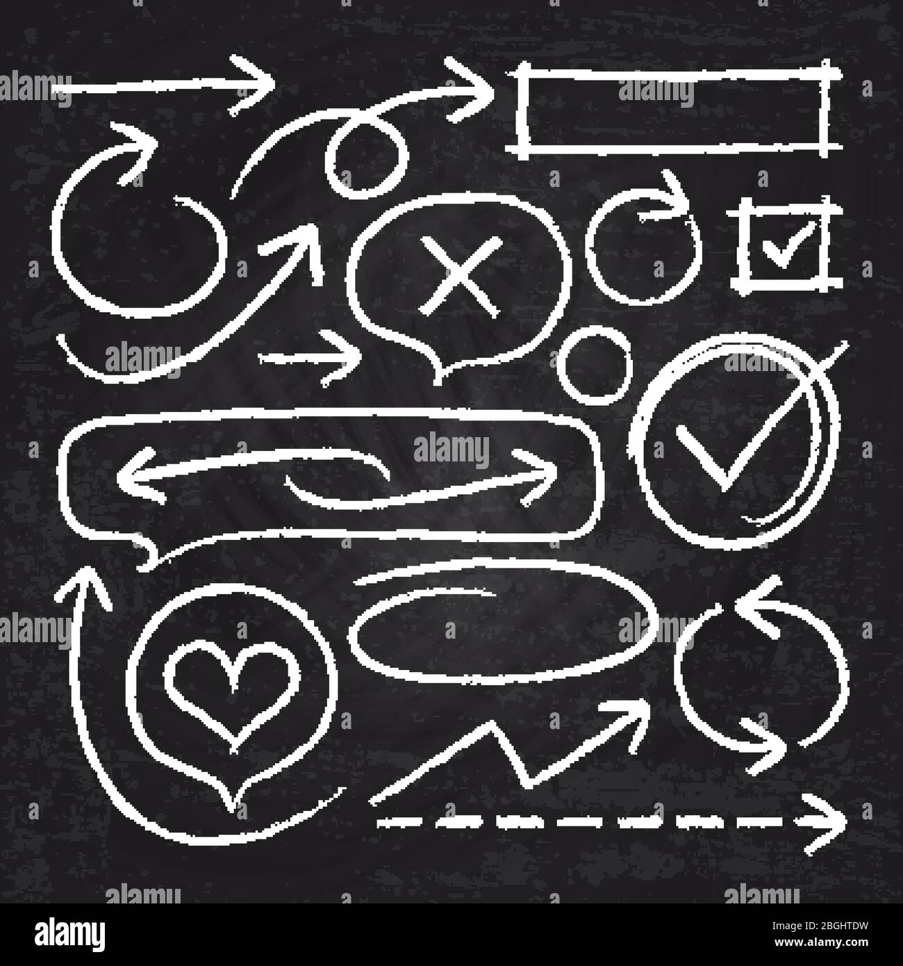 Hand drawn white chalk arrows, circle frames and sketch graphic elements isolated on blackboard vector set. Illustration of chalk sketch arrow line and scribble grunge brush rough Stock Vector