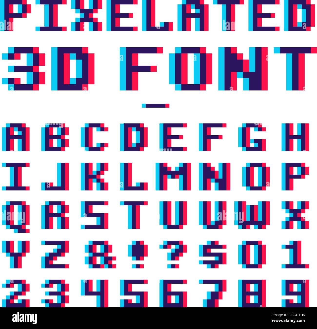 Video game pixelated 3d font. 8 bit pixel art old school latin alphabet with anaglyph distortion effect. Abc retro for game, alphabet pixel and numbe, 8-bit illustration Stock Vector