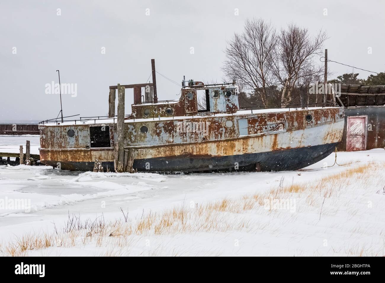 Old commercial fishing boat at Whitefish Point State Dock on Lake