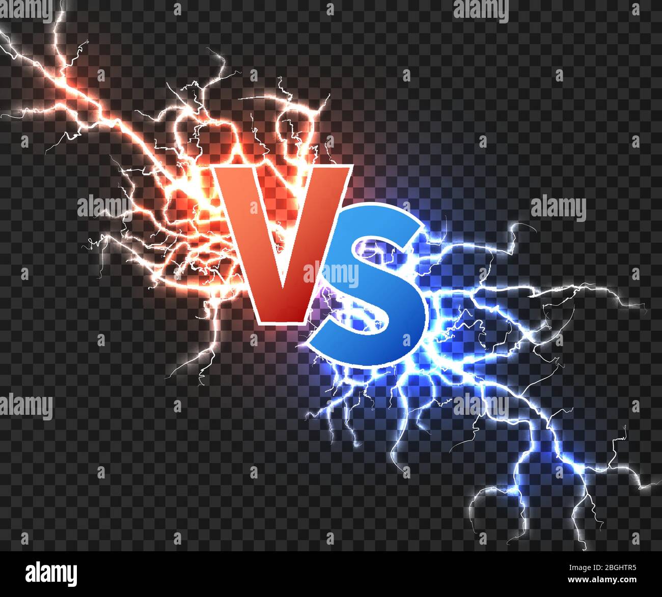 Versus concept with collision of two electric discharge. Vs vector background with power explosion of lightning isolated. Illustration of battle challenge collision Stock Vector