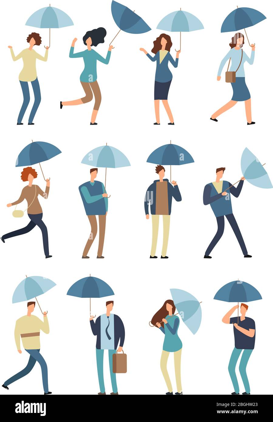 Cartoon people with umbrella in rainy day. Man and woman in raincoat under rain vector flat characters isolated. Female and male in rainy weather illustration Stock Vector