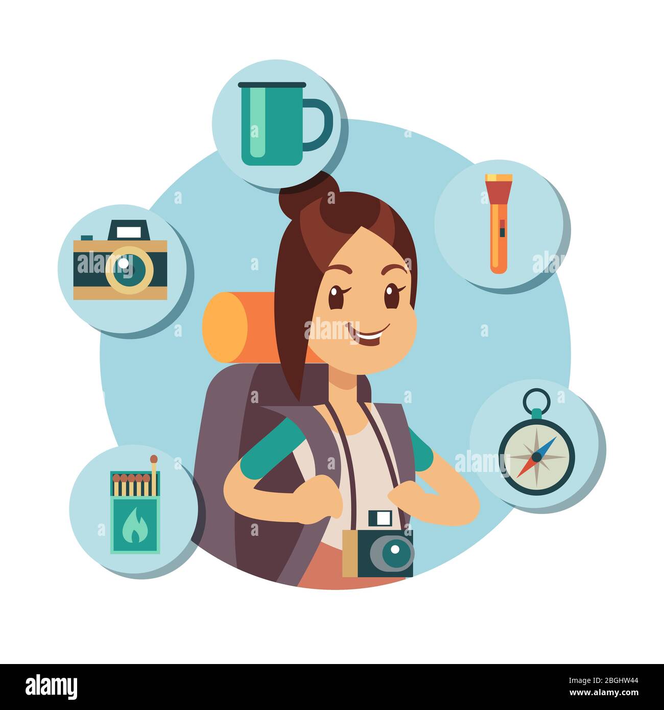 Flat tourist character with tourism accessories. Travel infographic icons. Tourism summer, girl adventure with backpack, hiking and journey. Vector illustration Stock Vector