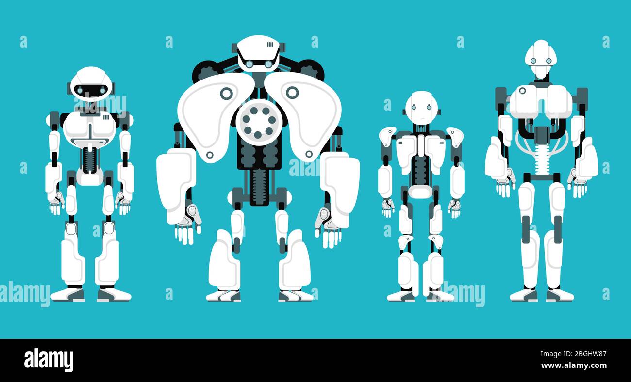 Various robot androids. Cute cartoon futuristic humanoid characters set. Android friendly character, robotic technology vector illustration Stock Vector