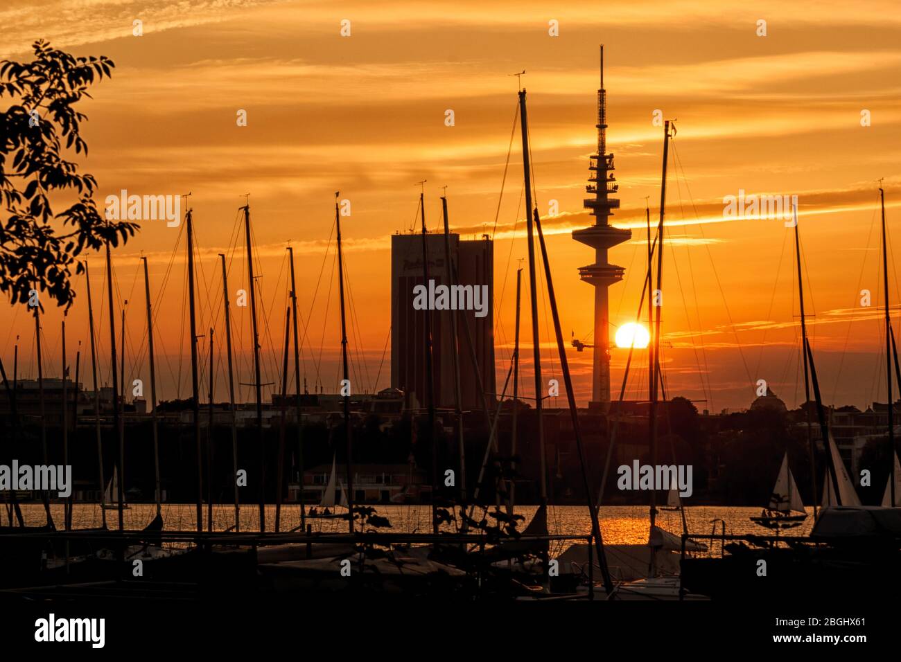 Sunset over the Outer Alster in Hamburg Stock Photo
