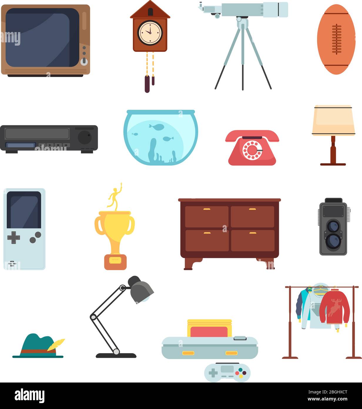 Second hand clothes, vintage goods from flea market vector set isolated on white background. Objects antique, for market garage, telescope and phone, aquarium and lamp, vcr device illustration Stock Vector