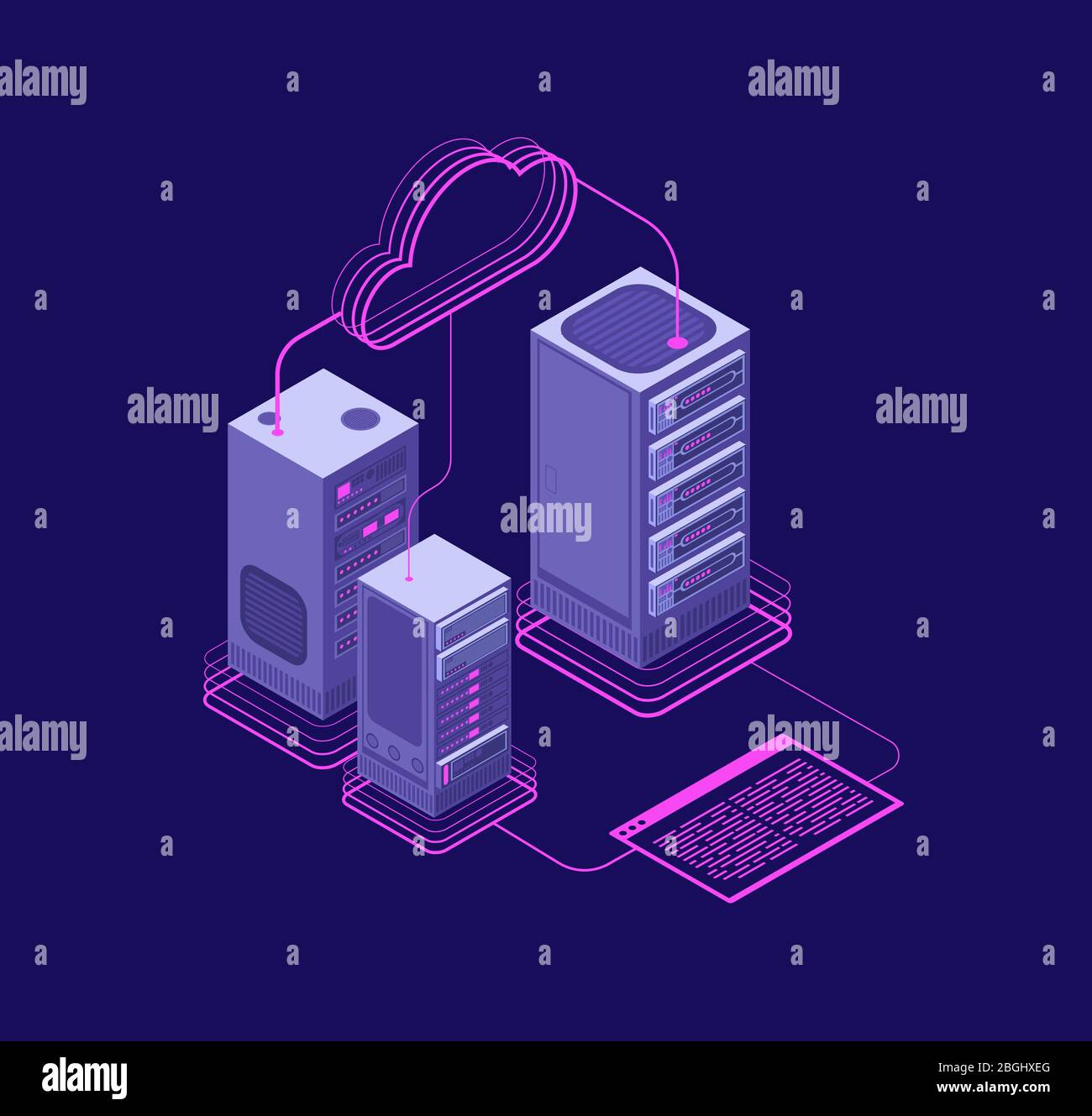 Network hosting solutions, datacenter with services, website administrative support vector isometric concept. Illustration of computer database system cloud Stock Vector