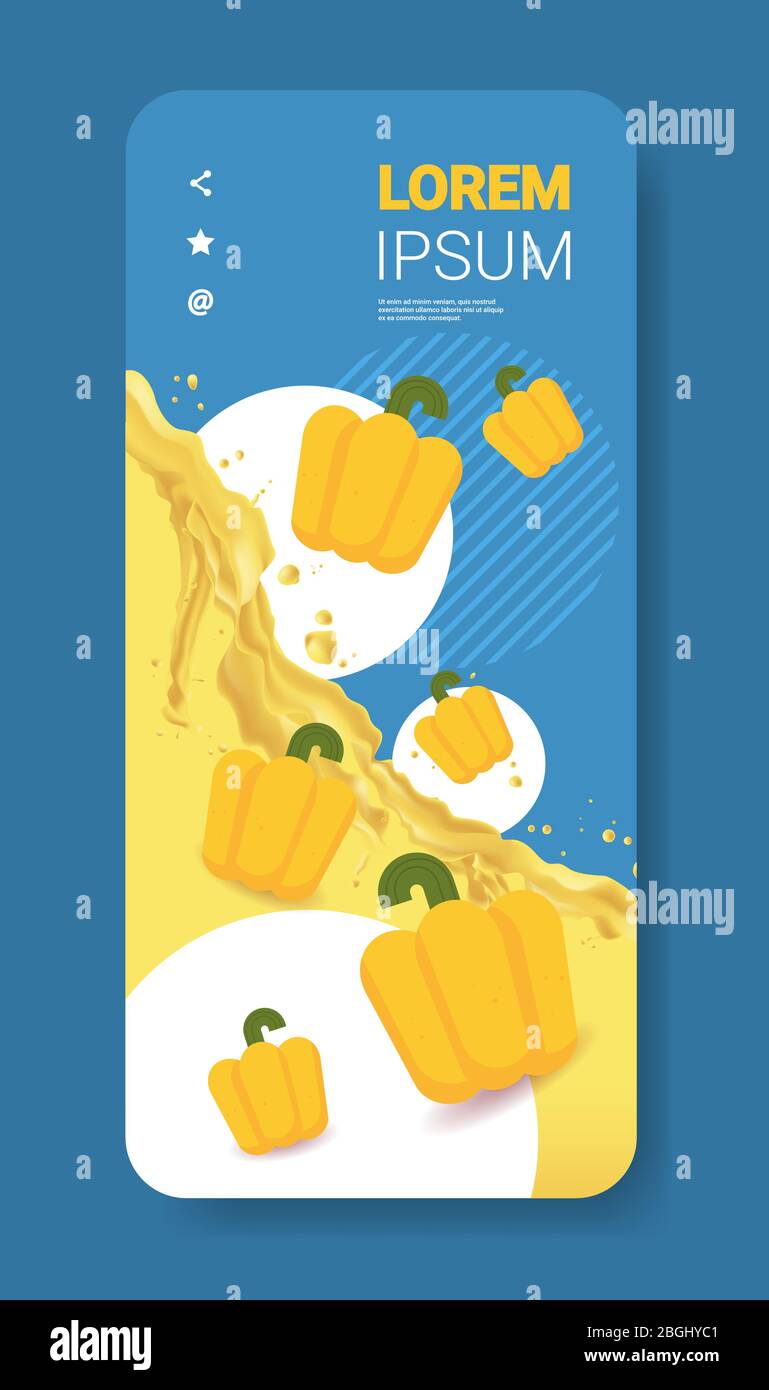 fresh yellow pepper juice liquid splash realistic splashes healthy vegetables splashing waves smartphone screen mobile app vertical copy space vector illustration Stock Vector