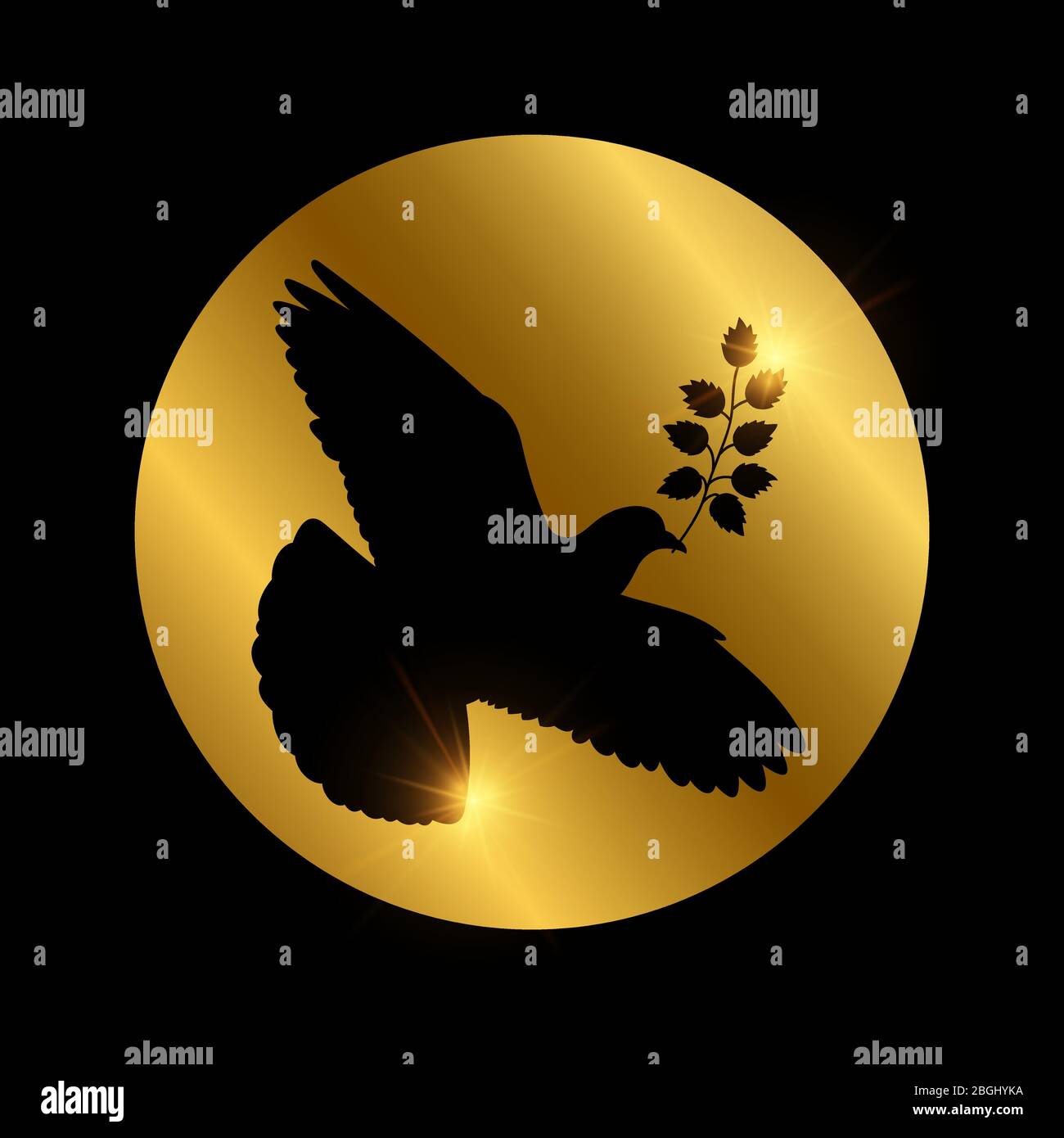 Black dove of piece vector silhouette on golden round illustration Stock Vector