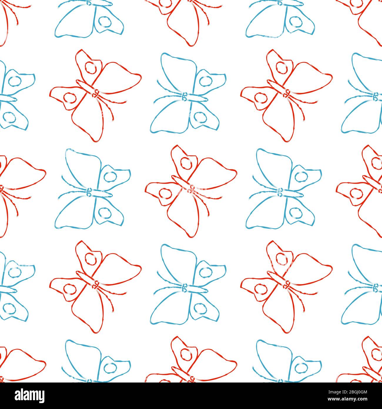 Color pencil sketch butterflies linear style seamless pattern background. Vector illustration Stock Vector